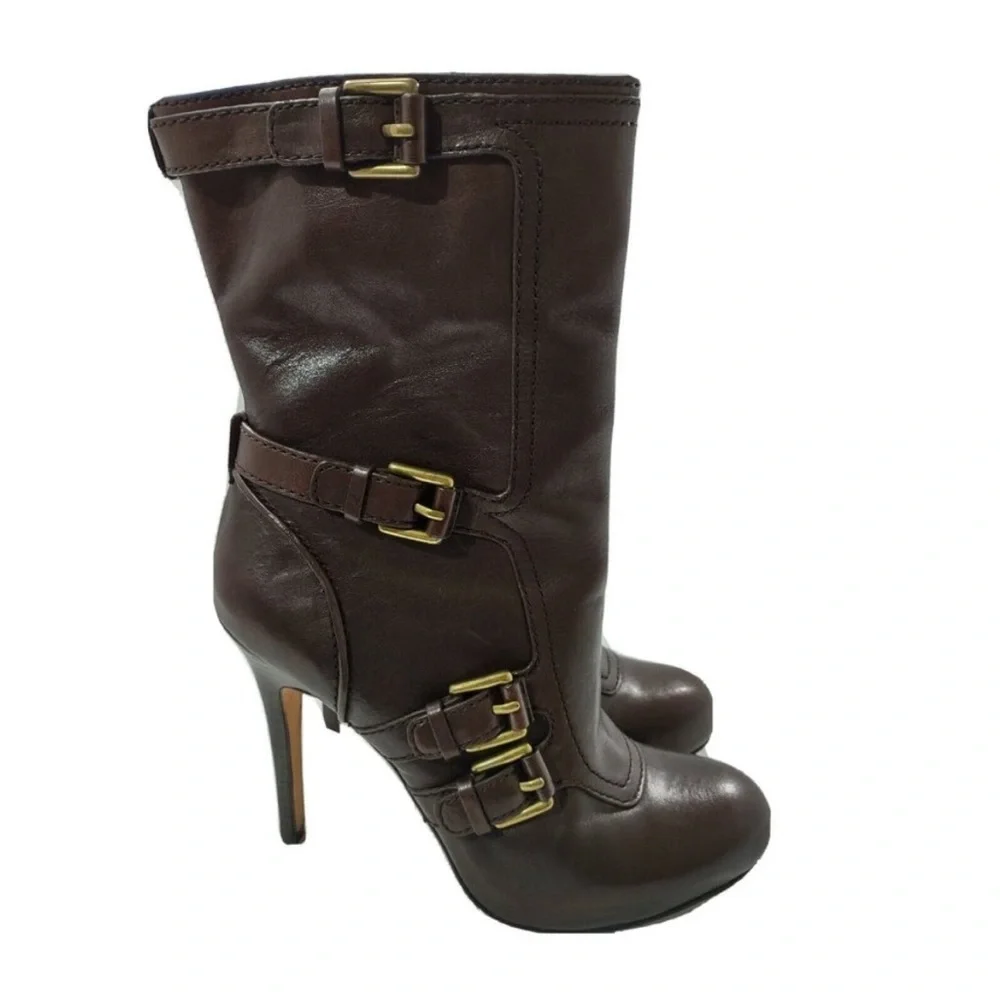 COACH Marsha Mid-Calf Chestnut Brown Leather High Heel Boots Women's Size 8 - Picture 2 of 8